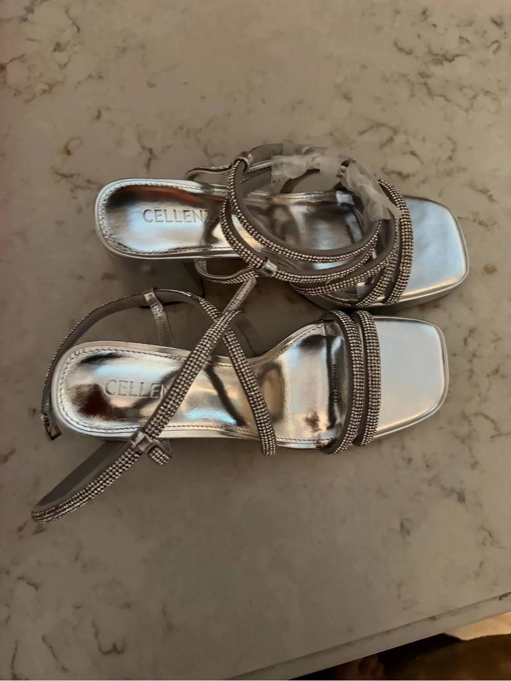 CellenzSilver Rhinestone Wrap-Ankle Block Heel Sandals